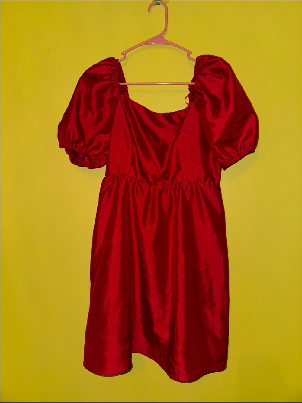 Red satin mini babydoll dress with puffy sleeves, size M